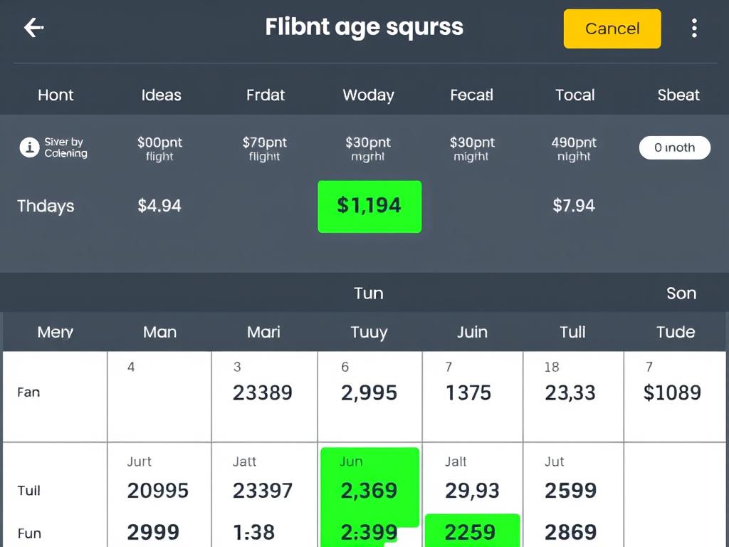 Calendar showing flight price variations across different dates with cheapest options highlighted Calendar showing flight price variations across different dates with cheapest options highlighted