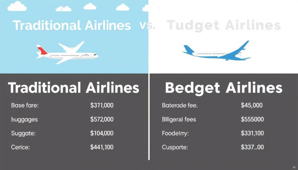 Comparison chart showing price breakdown between traditional and budget airlines with fees visualized Comparison chart showing price breakdown between traditional and budget airlines with fees visualized