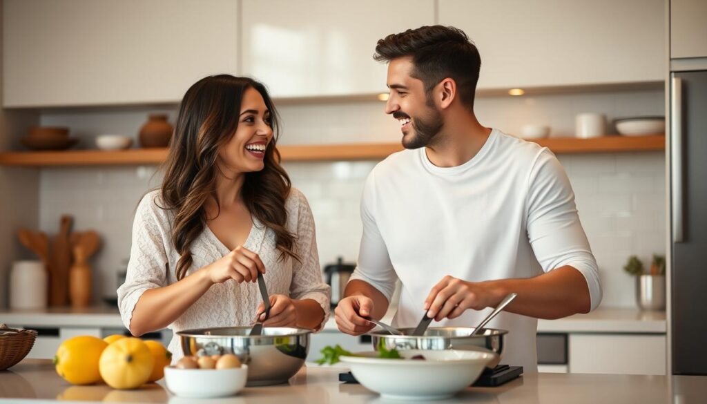 Couple cooking together in kitchen, laughing and enjoying shared experience, demonstrating seduction tips