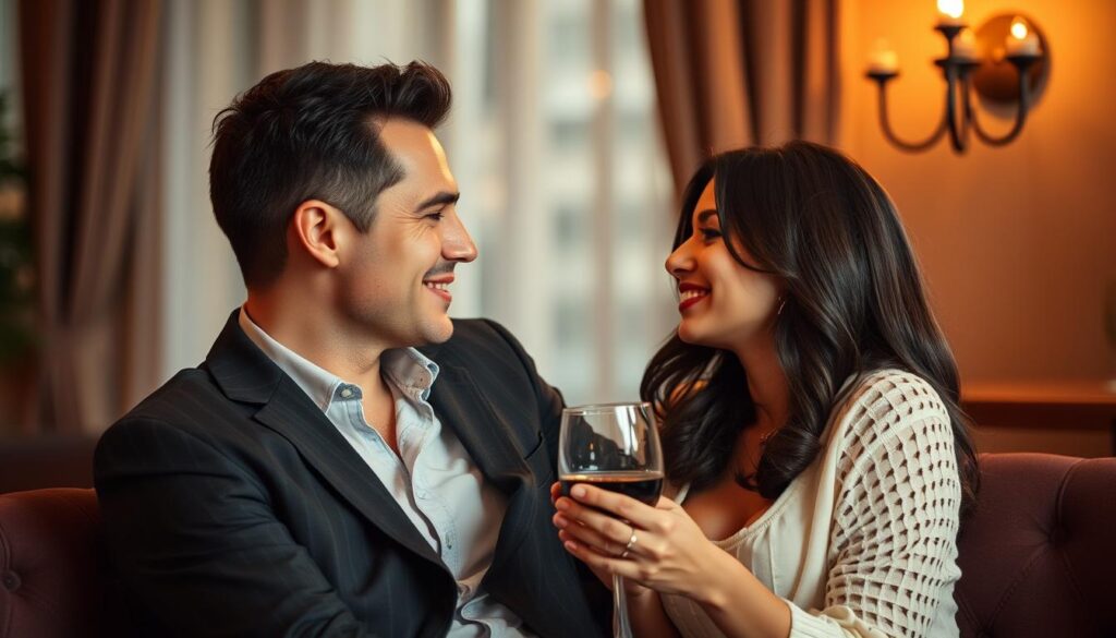 Couple enjoying intimate conversation with genuine connection, representing successful seduction