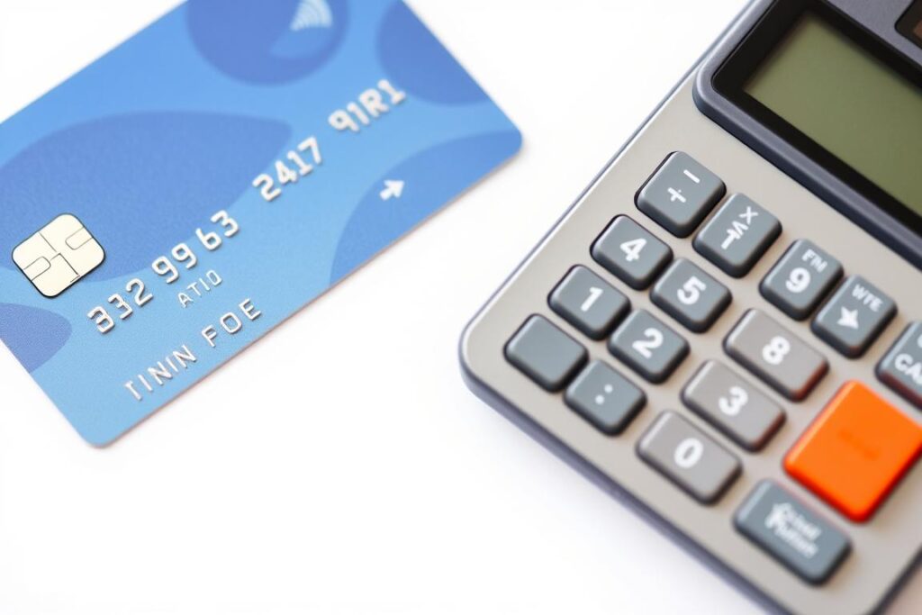 Credit card with calculator showing utilization ratio calculation