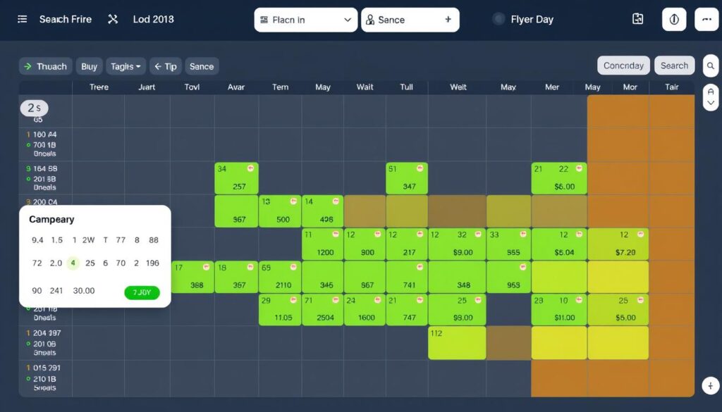 Example of a fare calendar showing price variations across a month with cheapest days highlighted Example of a fare calendar showing price variations across a month with cheapest days highlighted