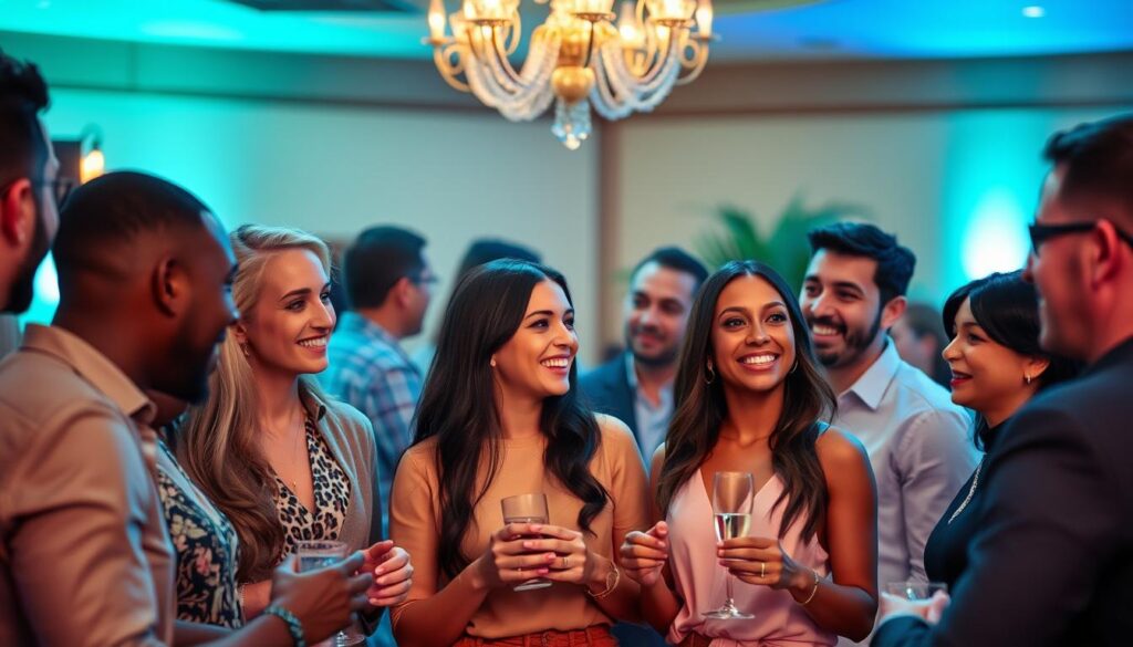 Group of people engaged in animated conversation at a social gathering, demonstrating seduction tips for conversation skills