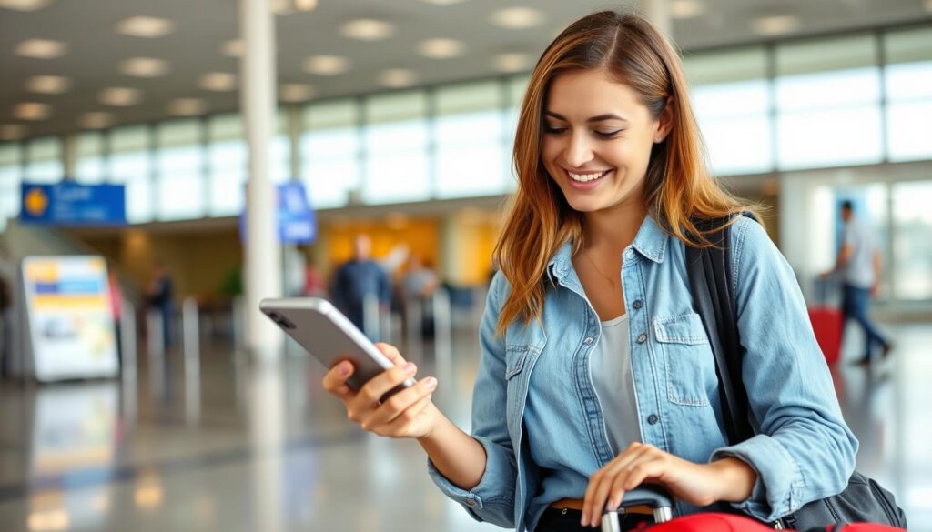 Happy traveler at airport with luggage after booking a cheap flight Happy traveler at airport with luggage after booking a cheap flight