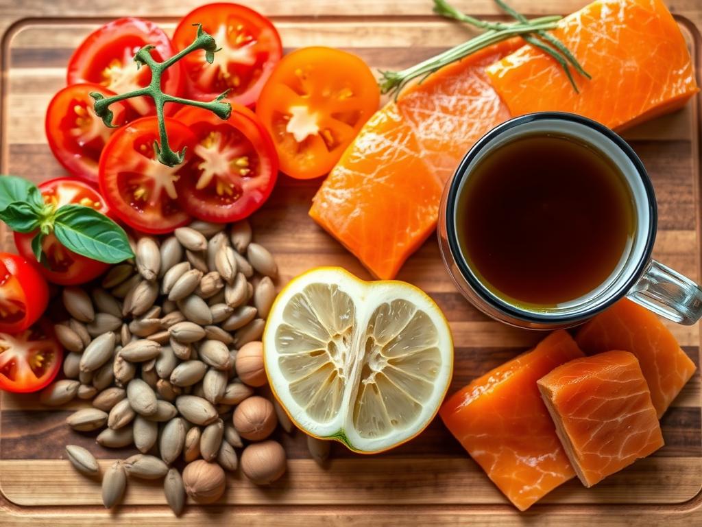 Healthy foods that support prostate health including tomatoes, pumpkin seeds, and green tea
