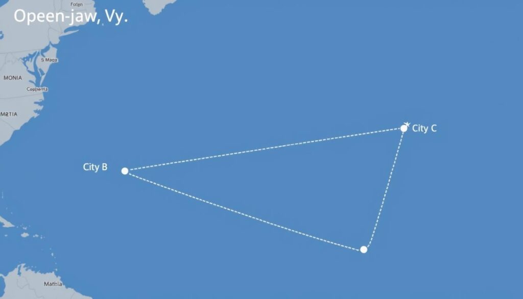 Map showing an open-jaw flight route between multiple cities Map showing an open-jaw flight route between multiple cities