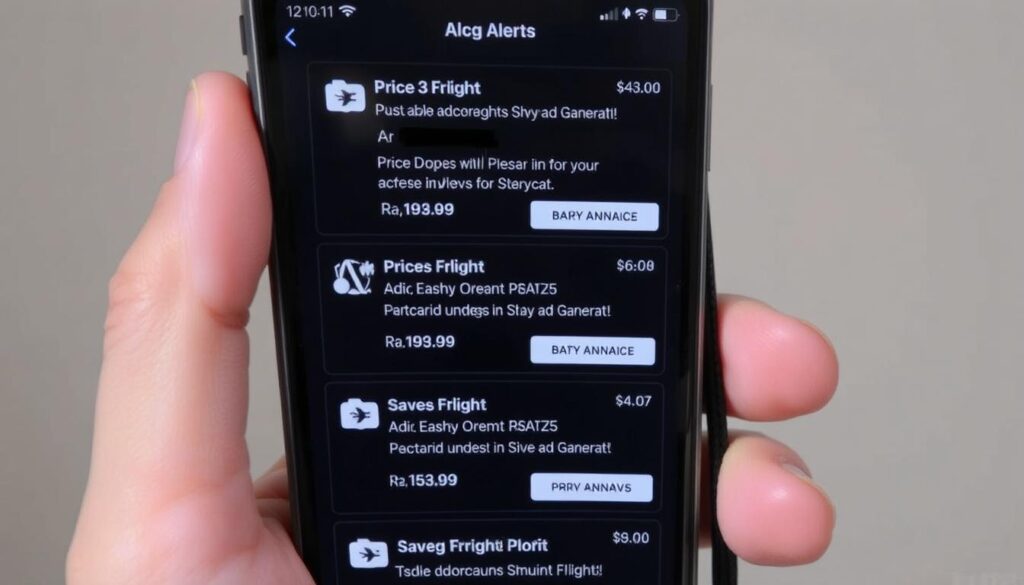 Mobile phone showing flight price alert notifications from different flight apps Mobile phone showing flight price alert notifications from different flight apps