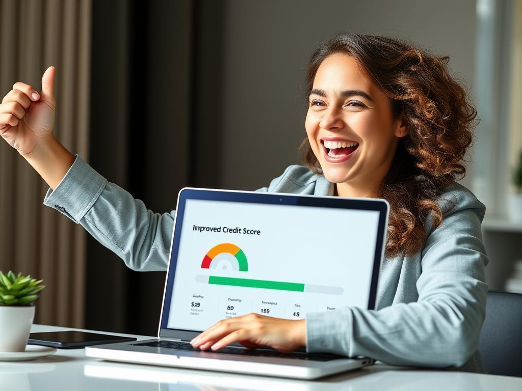 Person celebrating improved credit score on laptop