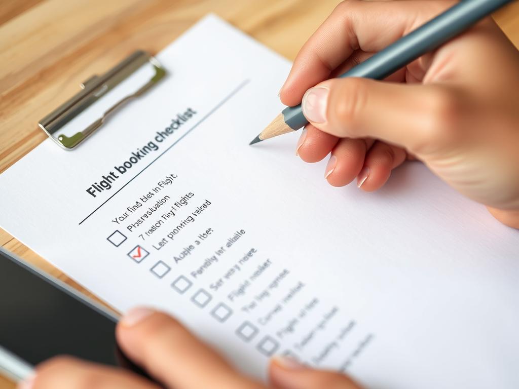 Person checking off items on a flight booking checklist Person checking off items on a flight booking checklist