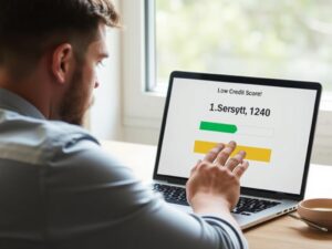 Person looking frustrated while reviewing credit score on laptop