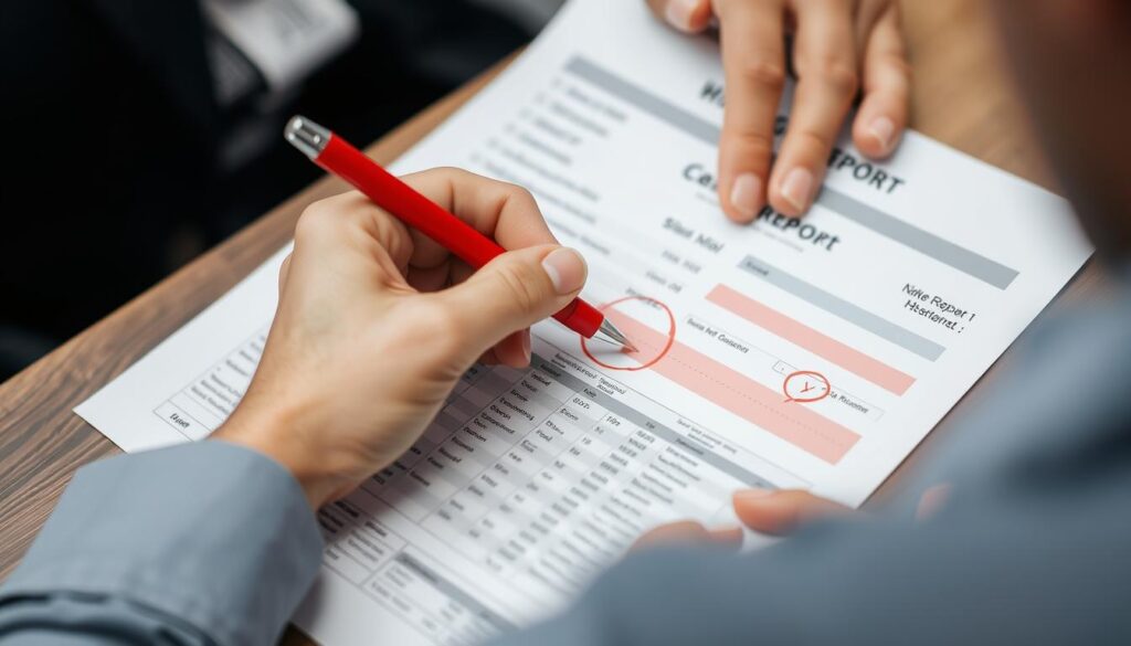 Person reviewing credit report and circling errors