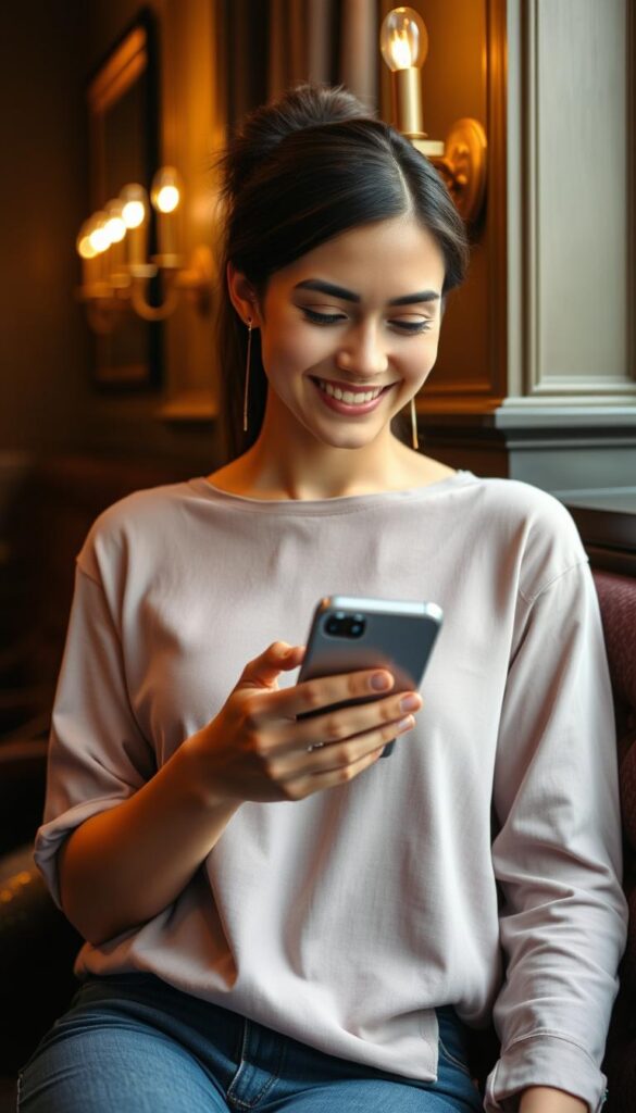 Person smiling at phone while texting, demonstrating seduction tips for digital communication