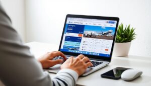 Person using laptop to search for cheap flights on multiple comparison websites