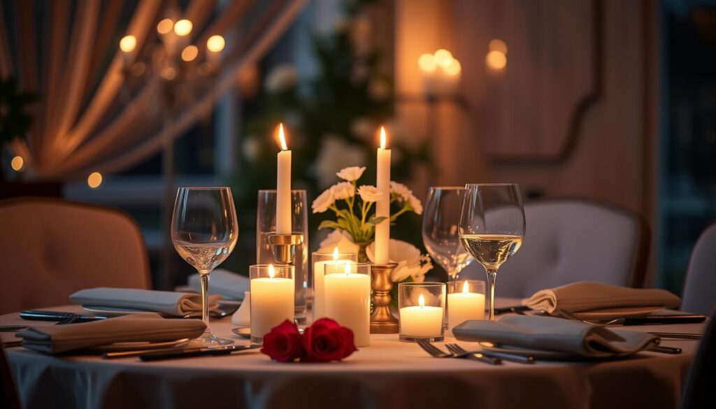 Romantic dinner setting with ambient lighting and sensory elements, demonstrating seduction tips