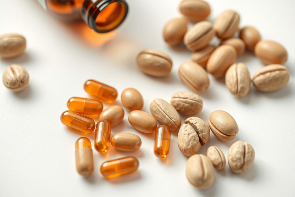Selenium supplement capsules next to Brazil nuts, a natural selenium source Selenium supplement capsules next to Brazil nuts, a natural selenium source