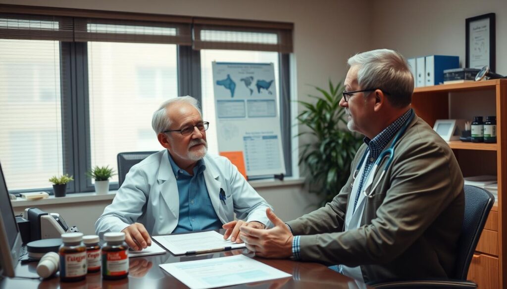 Senior man discussing prostate health with doctor in medical office