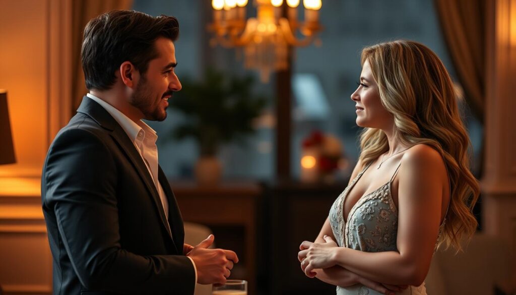 Two people in conversation with respectful body language, demonstrating ethical seduction tips