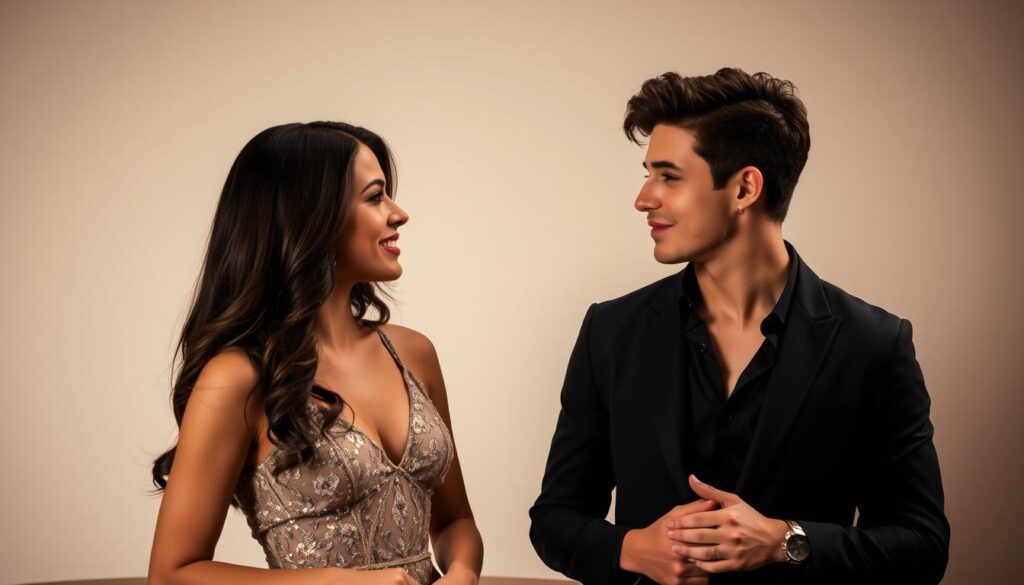 Two people in conversation with similar body language, demonstrating mirroring seduction technique
