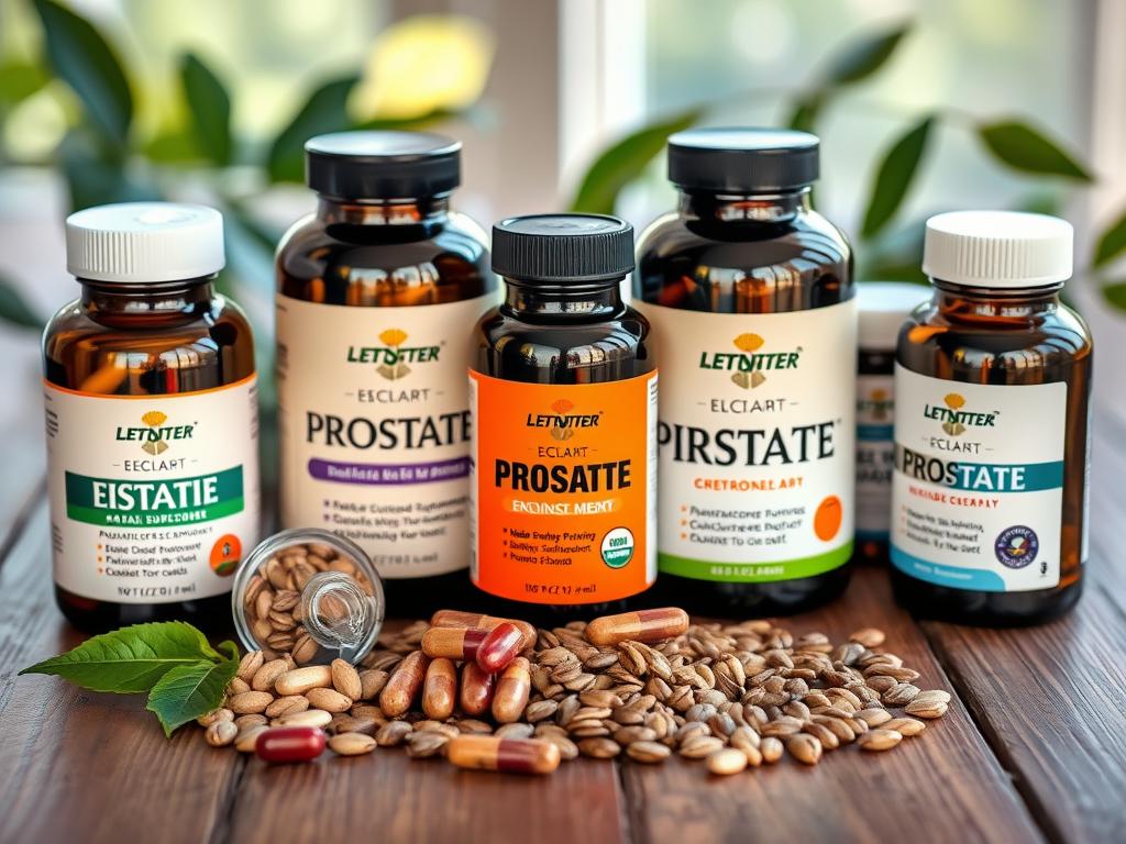 Various prostate supplements bottles and capsules arranged on a table