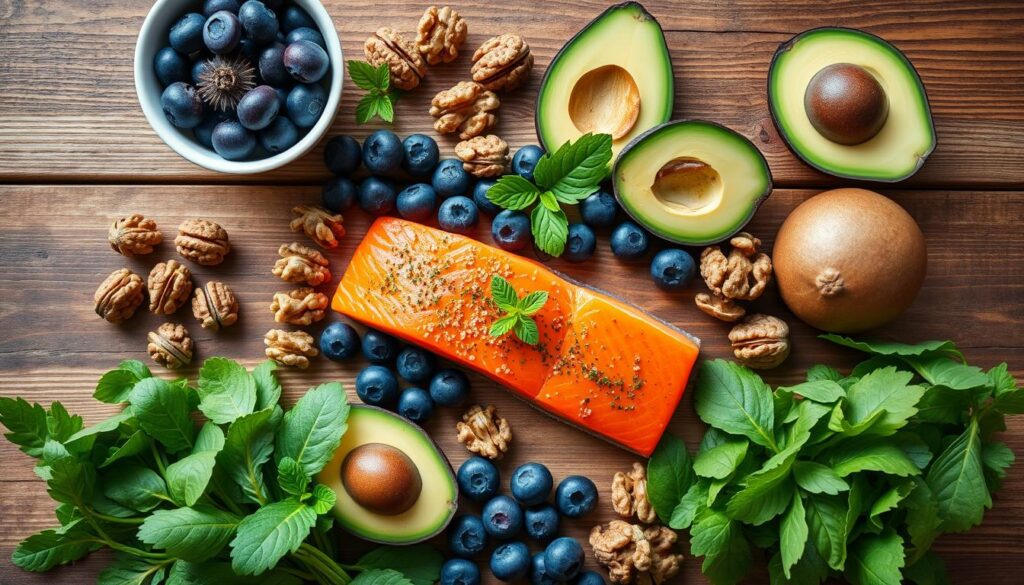 Arrangement of brain-healthy foods including fish, nuts, berries, and leafy greens