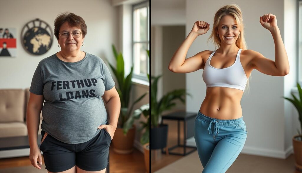 Before and after transformation showing Mitolyn's effects on energy and body composition