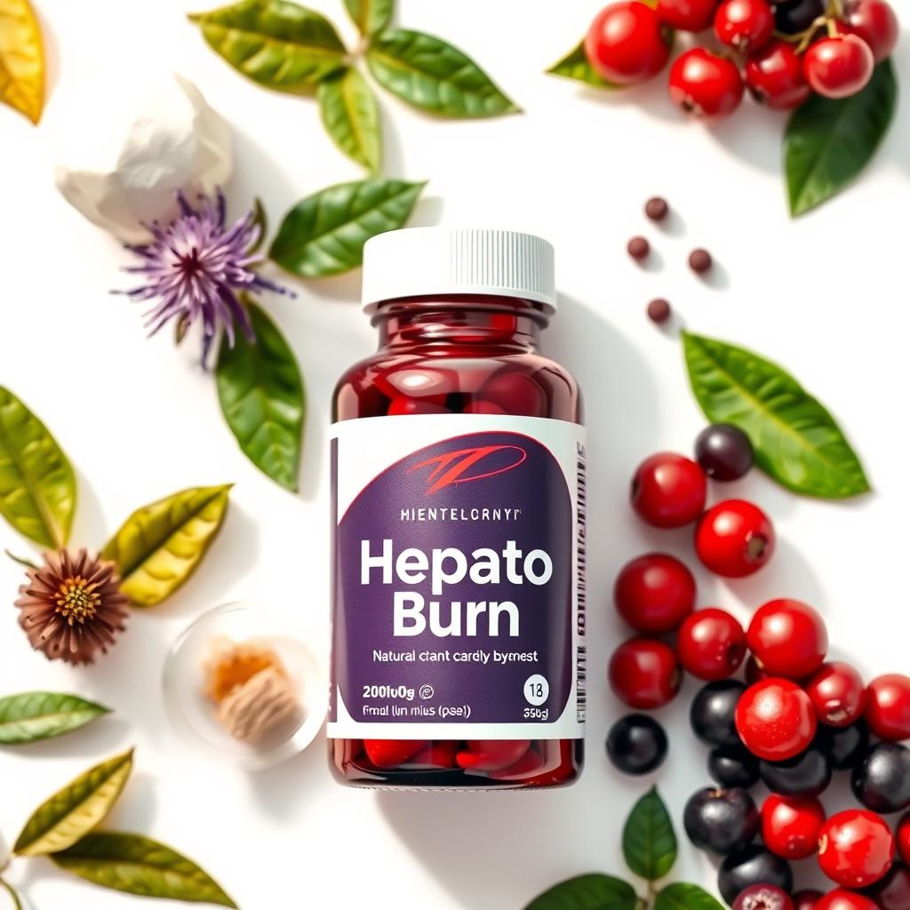 Bottle of HepatoBurn supplement with natural ingredients surrounding it