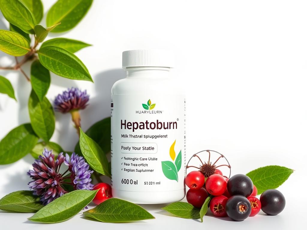 Bottle of Hepatoburn supplement for better digestion with natural ingredients displayed around it