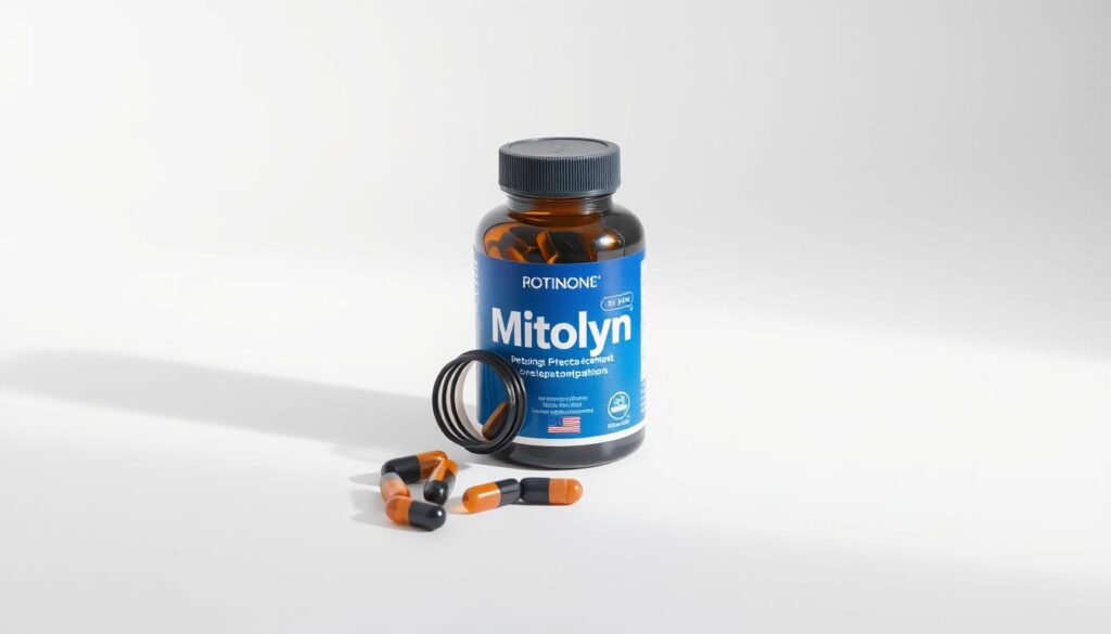Bottle of Mitolyn supplement with capsules spilled beside it
