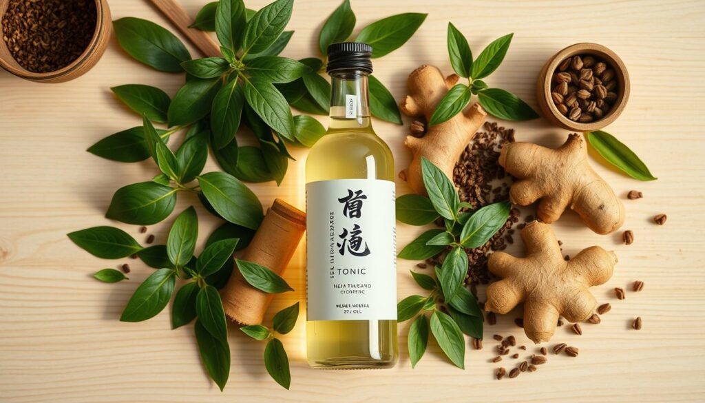 Bottle of Nagano Tonic with natural ingredients surrounding it