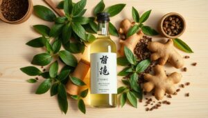 Bottle of Nagano Tonic with natural ingredients surrounding it