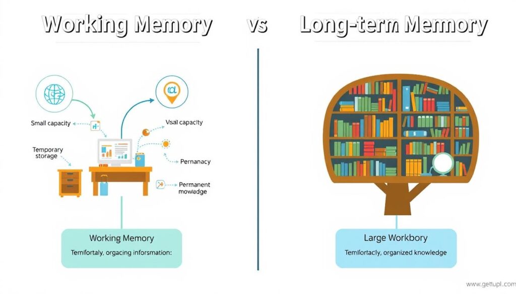 Comparison diagram showing working memory vs long-term memory systems