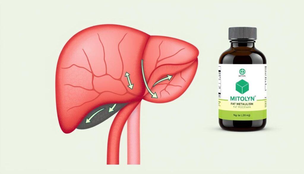 Diagram showing how the liver processes fat in the body with Mitolyn supplement bottle