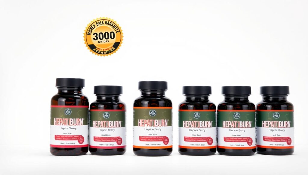 HepatoBurn bottles with pricing packages and money-back guarantee seal