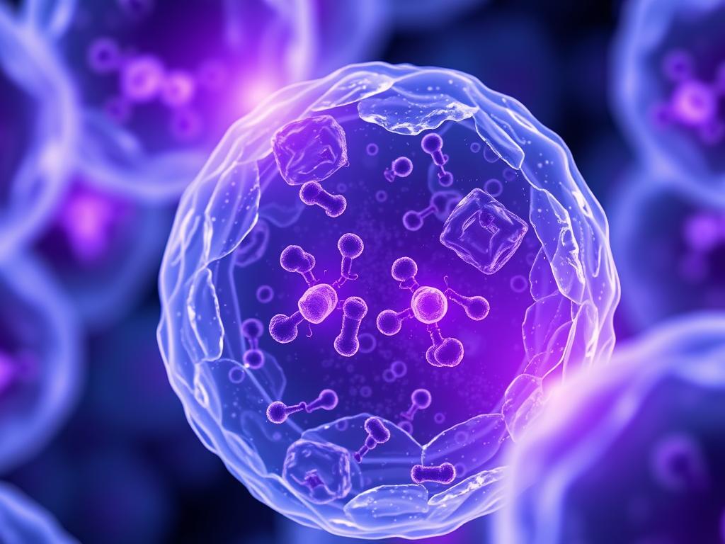 Microscopic view of mitochondria being energized by Mitolyn's purple formula