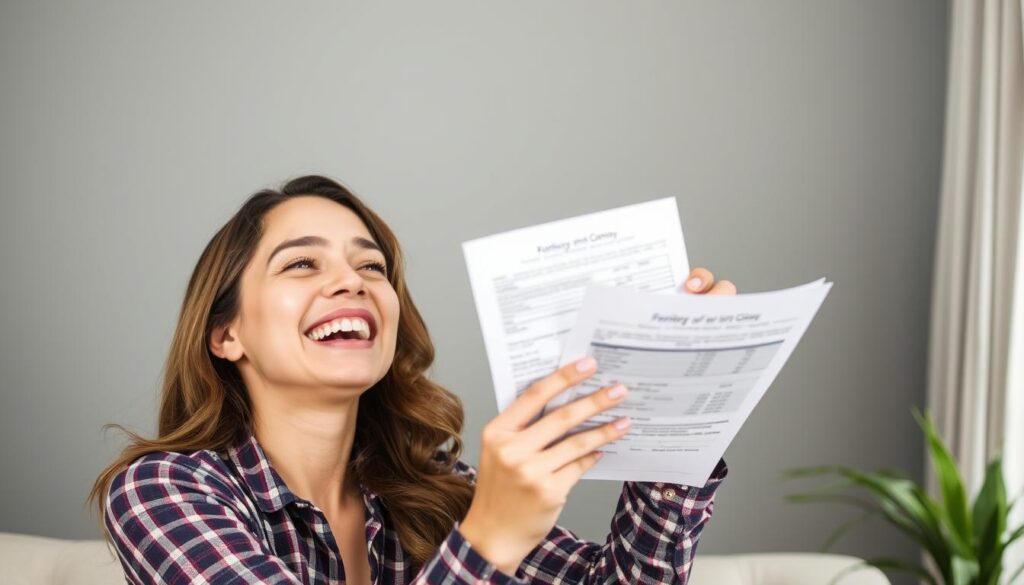 Person celebrating improved credit score with financial freedom