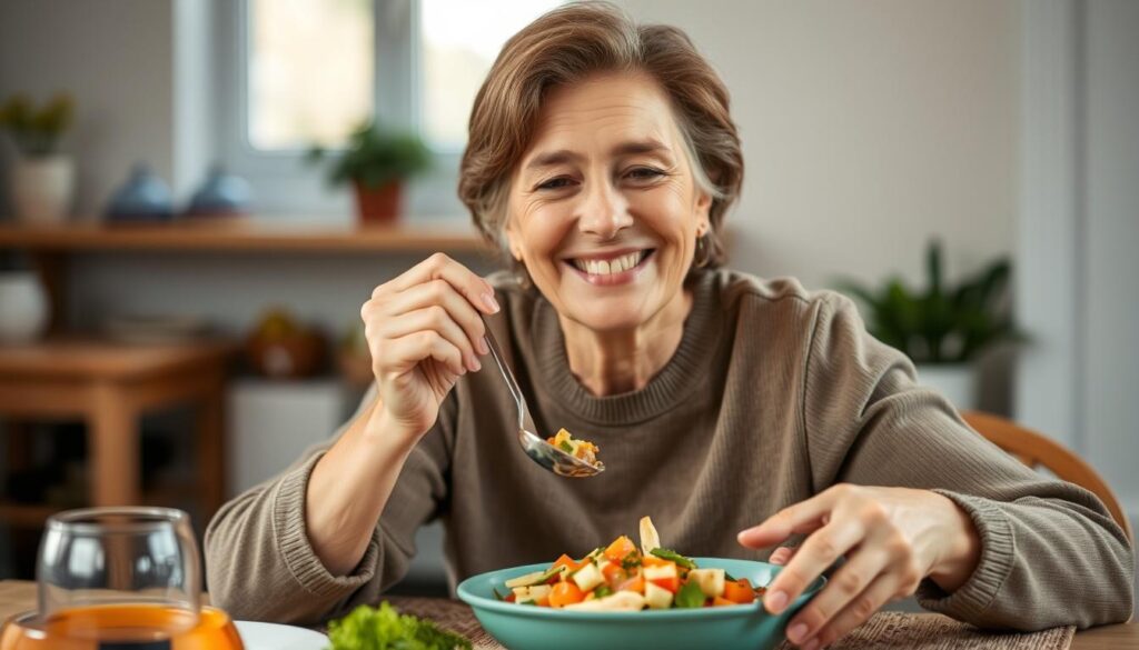 Person enjoying a meal without digestive discomfort after using Hepatoburn for better digestion