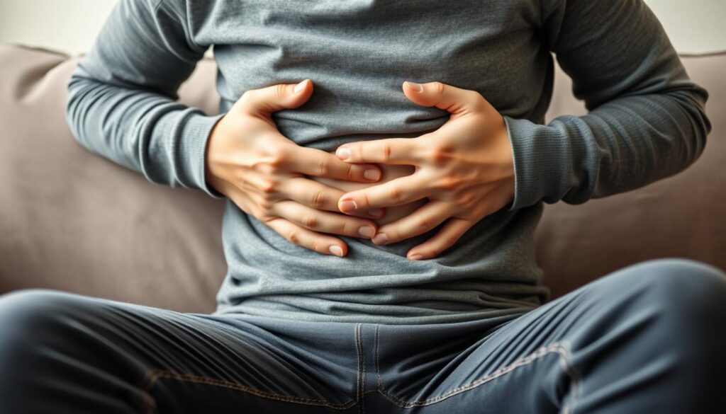 Person experiencing digestive discomfort and bloating, illustrating common symptoms that Hepatoburn for better digestion can address