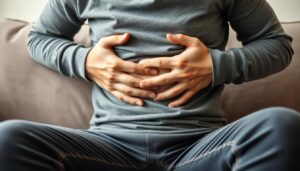 Person experiencing digestive discomfort and bloating, illustrating common symptoms that Hepatoburn for better digestion can address