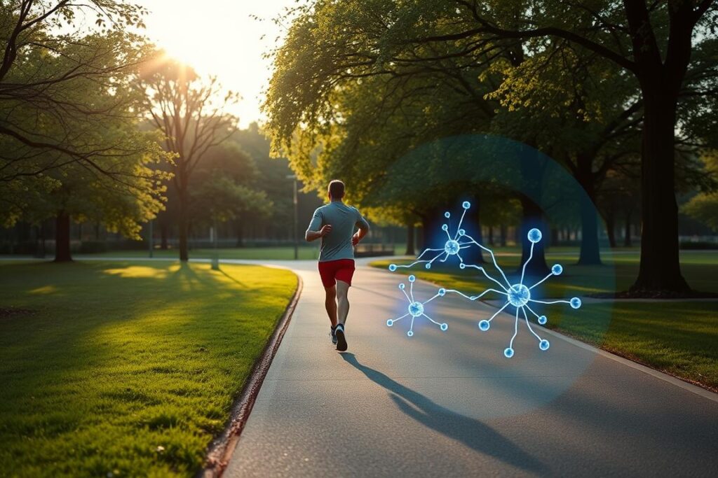 Person jogging outdoors with brain health benefits visualization