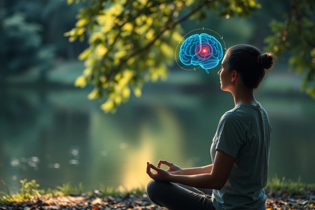 Person meditating with brain activity visualization showing improved focus