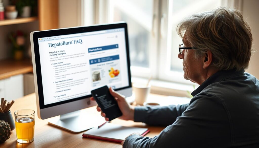 Person researching information about HepatoBurn supplement online