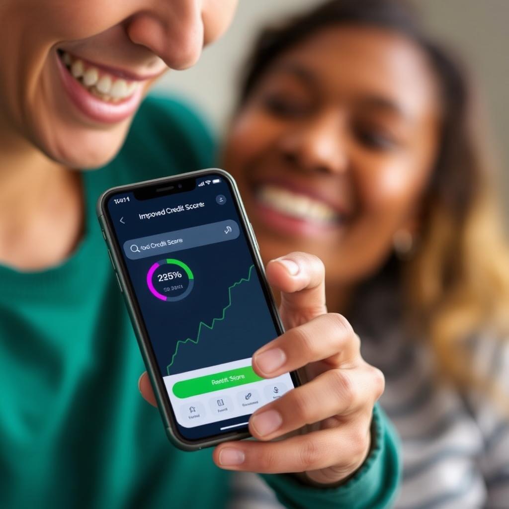 Person reviewing improved credit score on mobile app