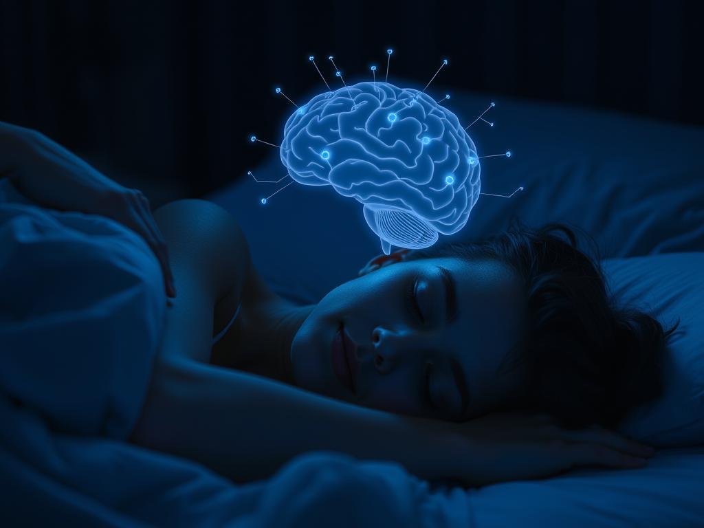 Person sleeping peacefully in a dark room with brain activity visualization