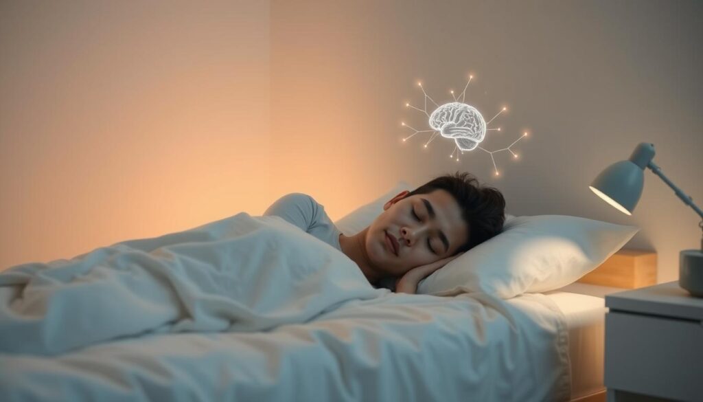 Person sleeping peacefully with visualization of memory consolidation process