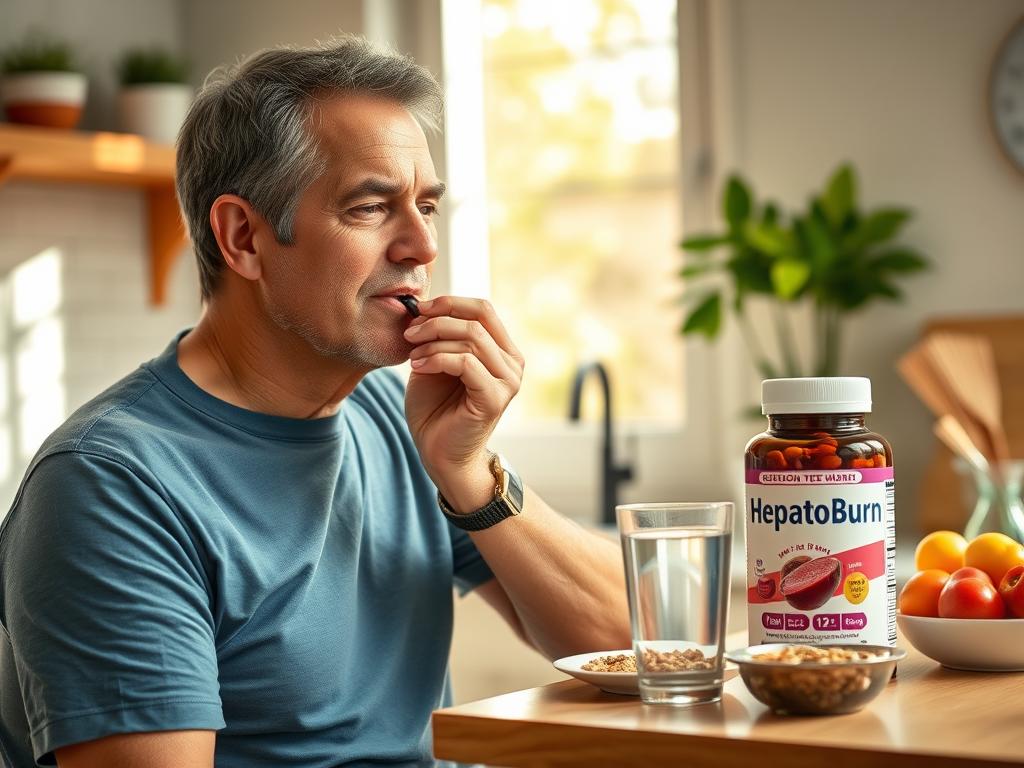 Person taking HepatoBurn supplement with a glass of water in the morning