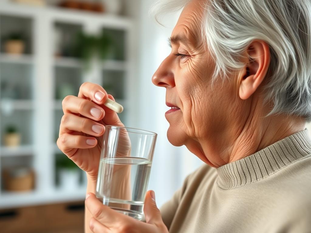 Person taking Hepatoburn supplement with water for better digestion