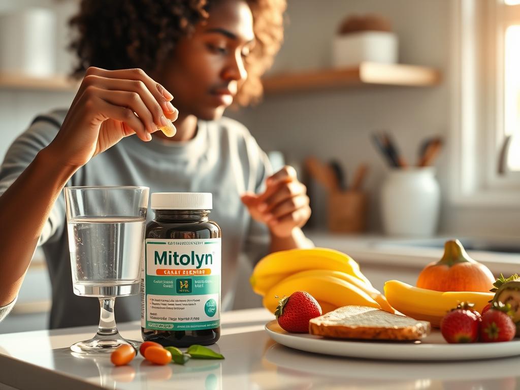 Person taking Mitolyn supplement with a glass of water in the morning