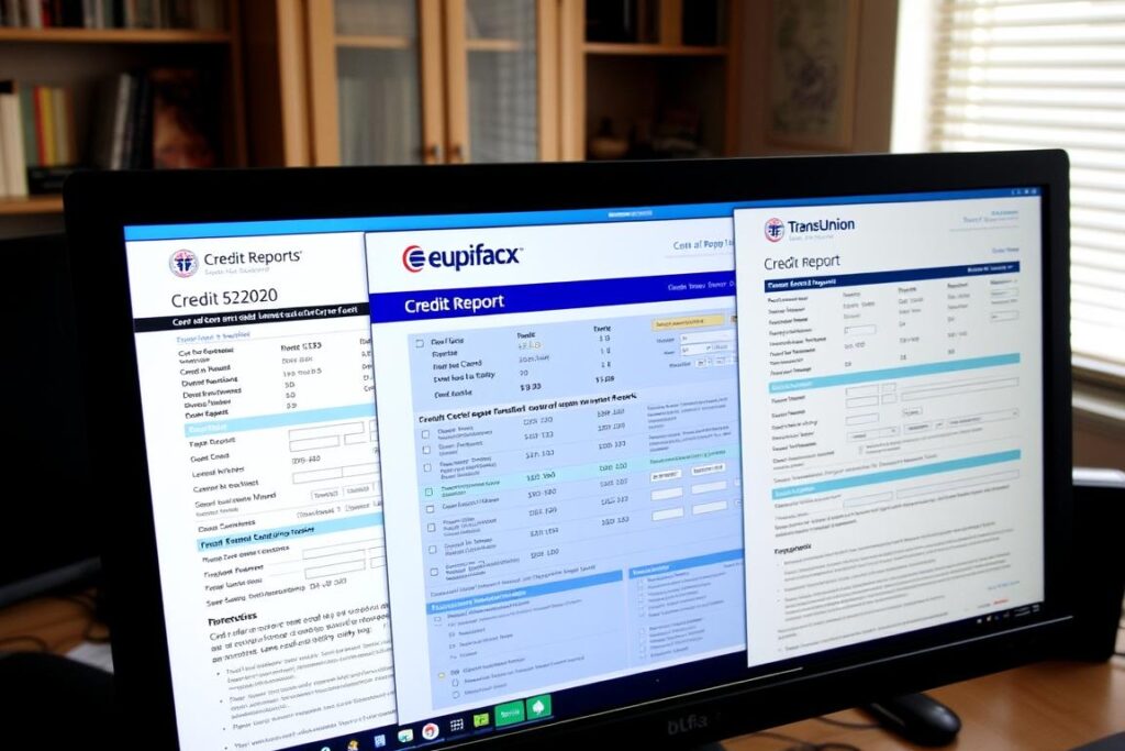 Three credit bureau reports displayed on a computer screen