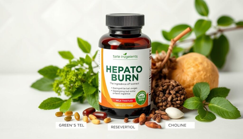 Visual display of HepatoBurn's key ingredients including milk thistle, green tea extract, and resveratrol