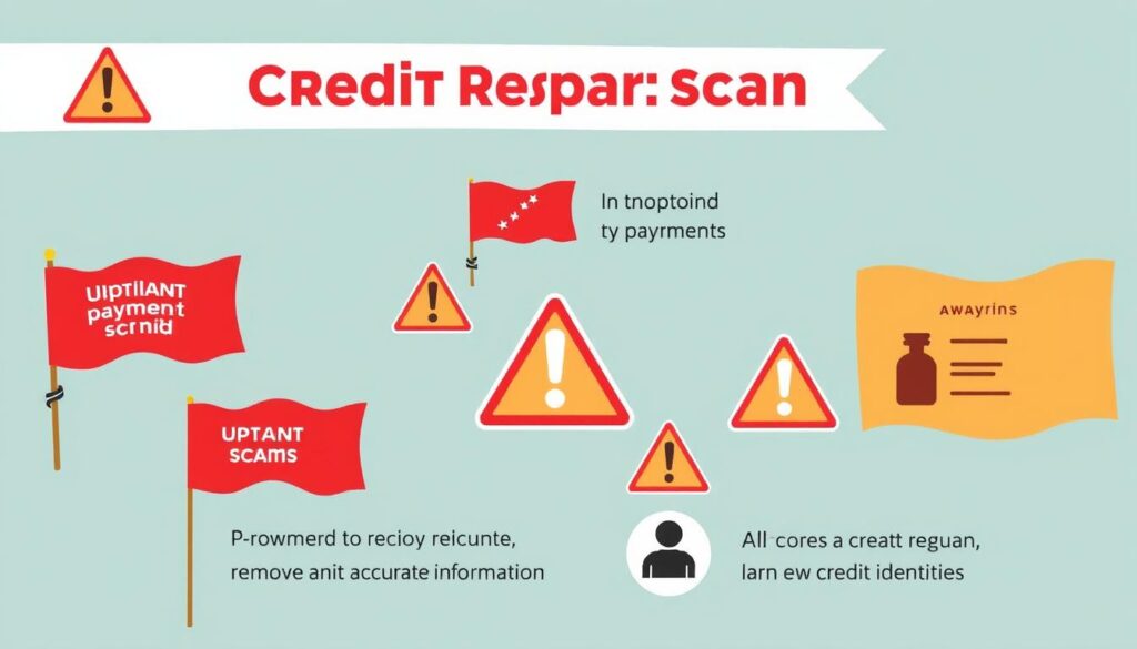 Warning signs of credit repair scams illustrated with red flags